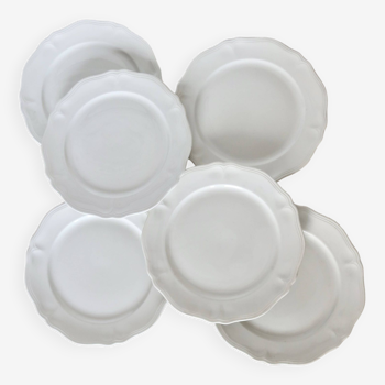 6 flat white dessert plates with scalloped edging, Sarreguemines style
