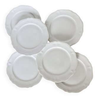 6 flat white dessert plates with scalloped edging, Sarreguemines style