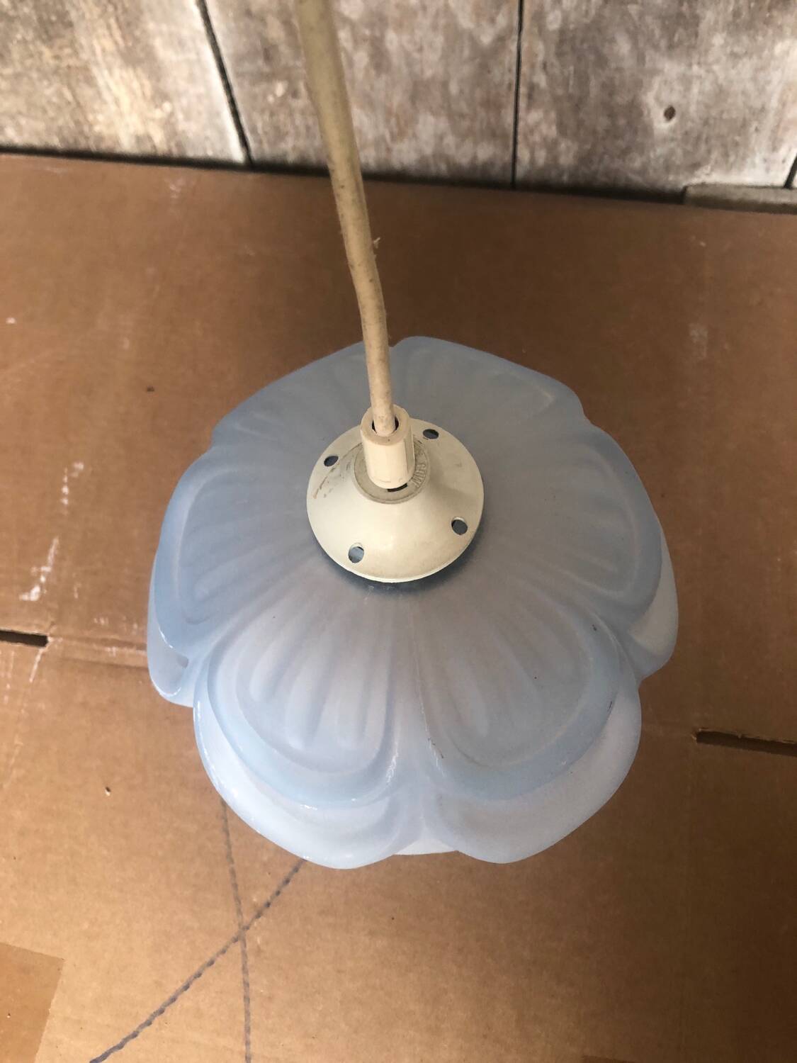 Ancienne Suspension Verre Moulé Bleu + Douille Vis Vintage #A708