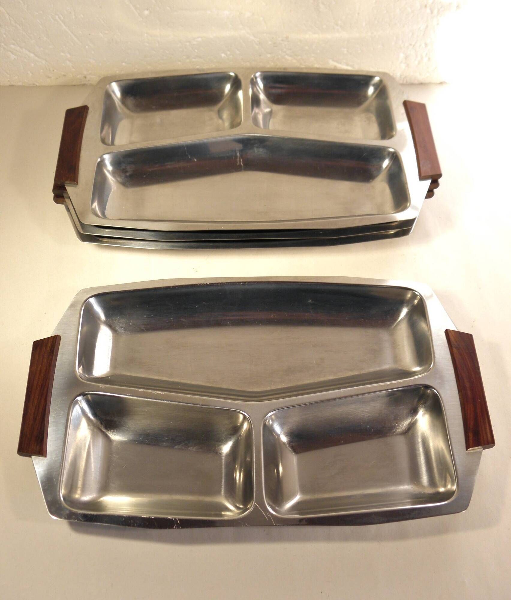 Set of 4 stainless steel and wood trays from the 70s