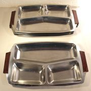 Set of 4 stainless steel and wood trays from the 70s