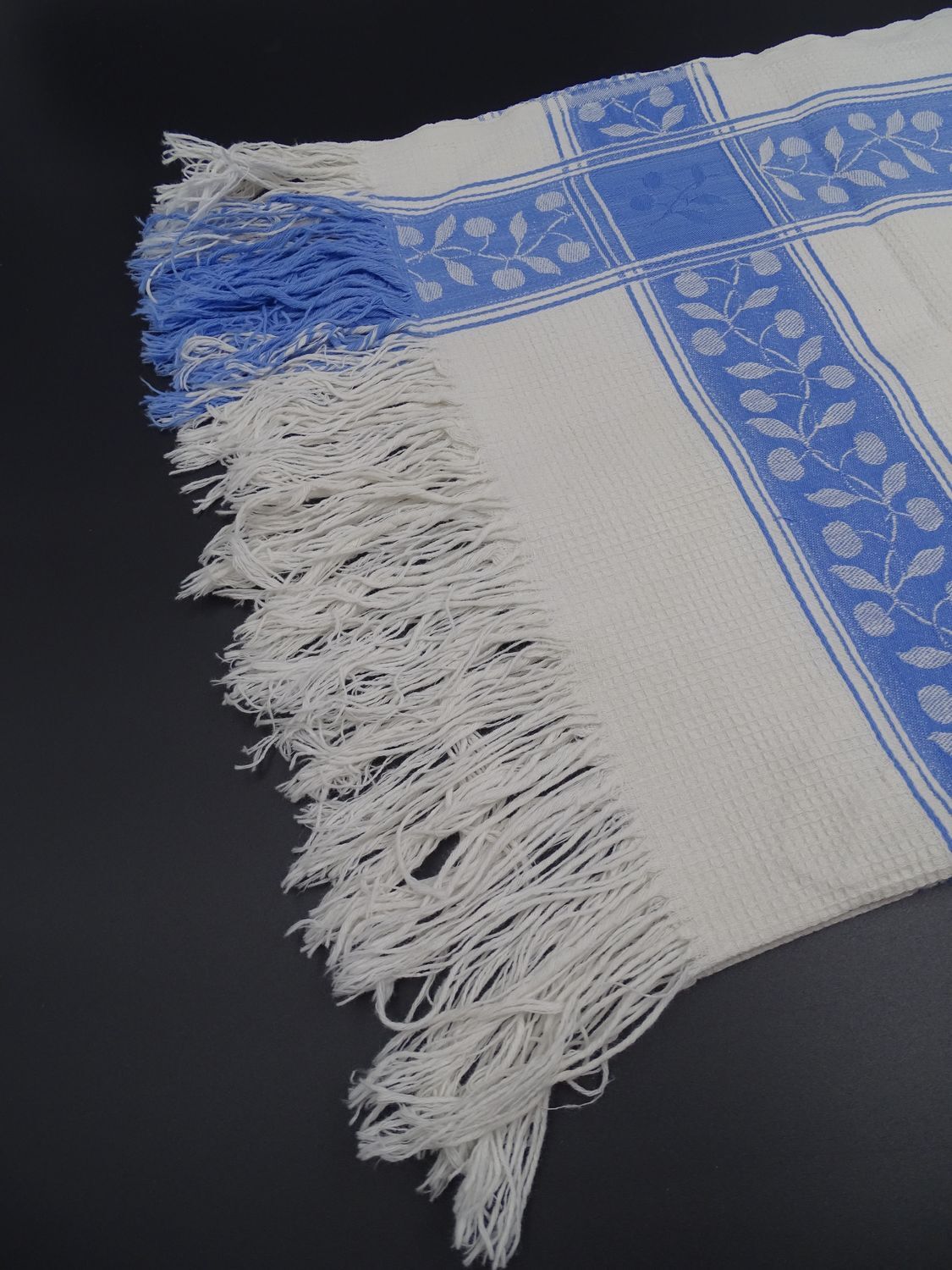 Lot of 2 old and cotton tea towels - Pretty blue friezes - Franges - Circa 1920-1930