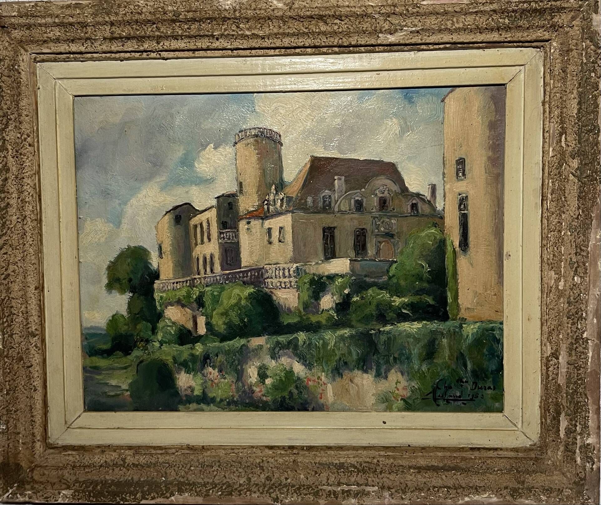 Old French painting signed and dated 1952 – Castle and garden – Oil