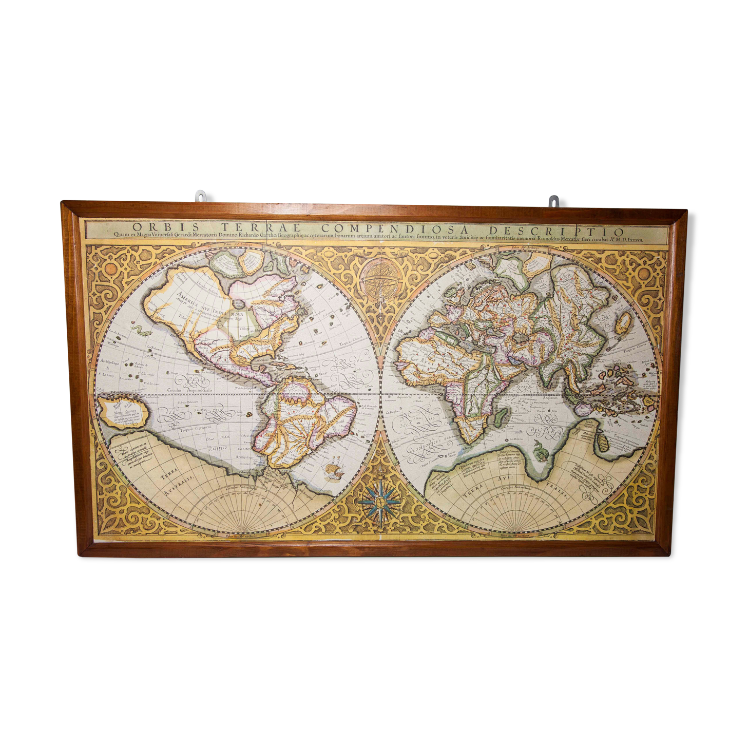 Frame and map "Orbis terrae compendiosa descriptio", Reproduction of an engraving Gérard Mercator