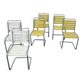 Chaises cantilever avec assises lattés bois de Bigla, Suisse, 1940, set de 6