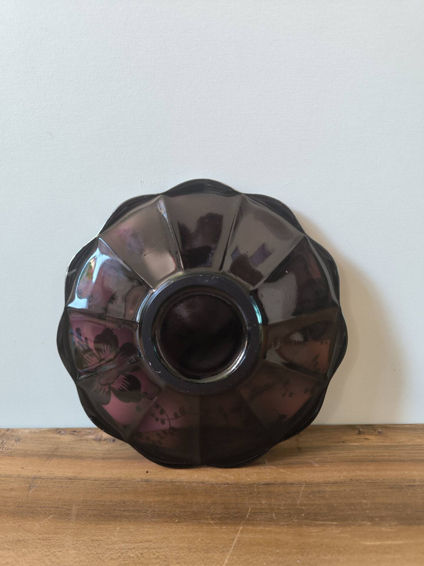 Vintage purple glass plate with silver flower pattern Murano