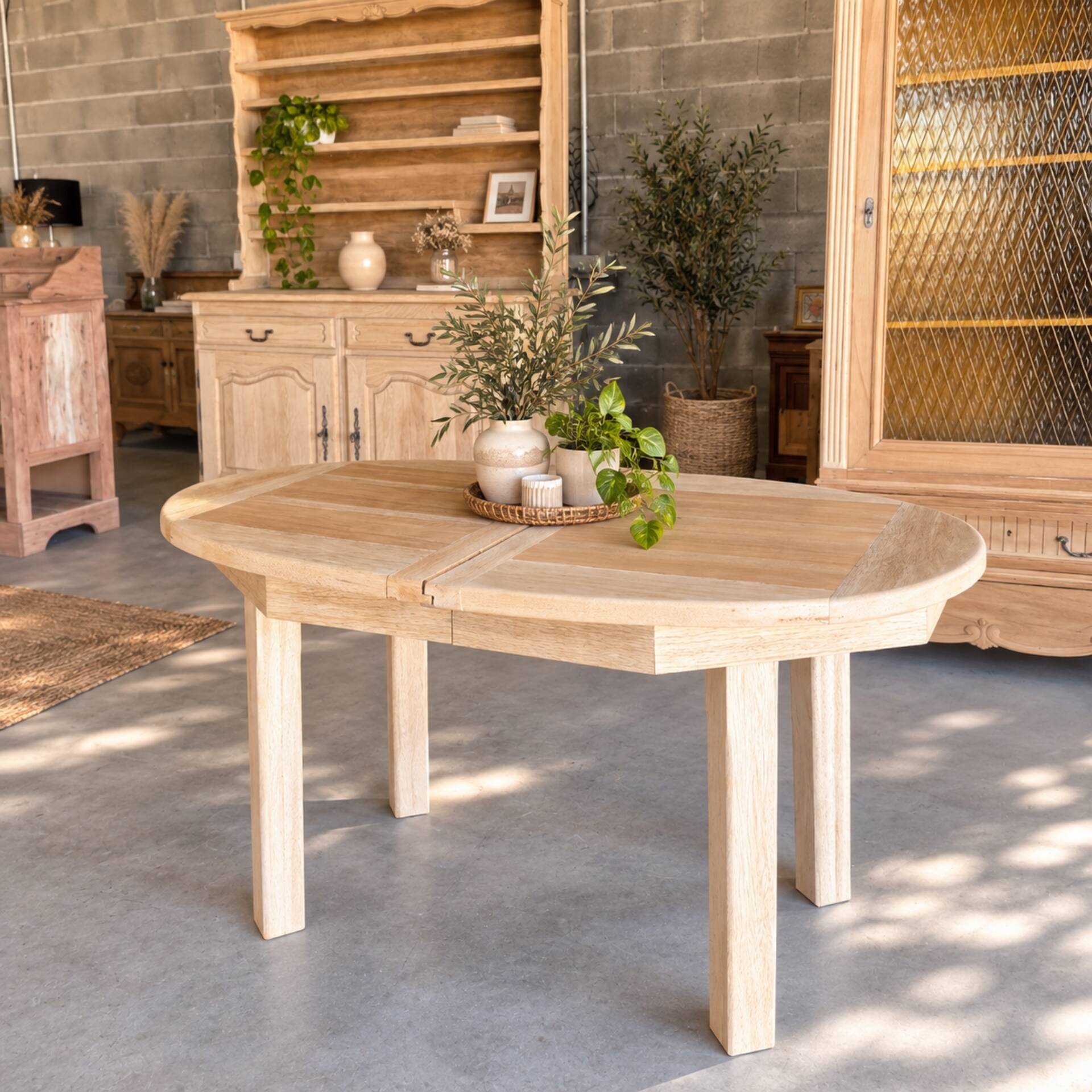 Oval wooden table – 2 extensions – sandblasted & varnished