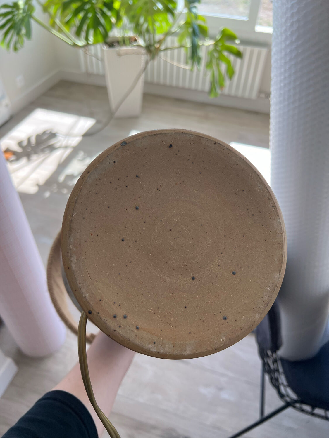 Flamed stoneware lamp and rope lampshade