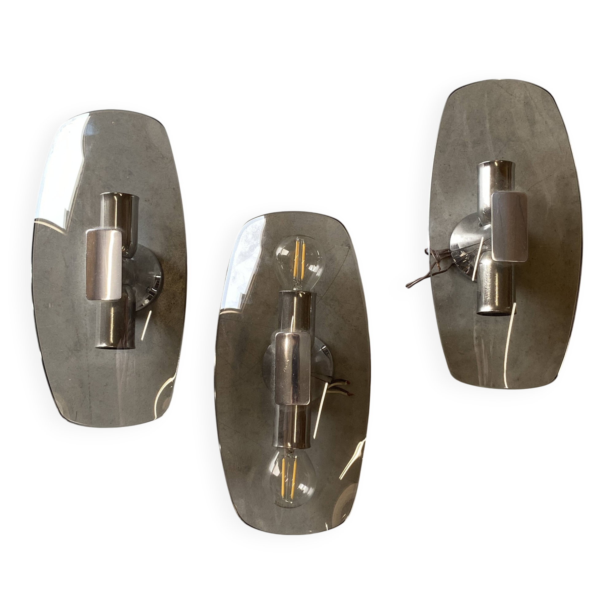 Trio of vintage chrome and smoked glass wall sconces