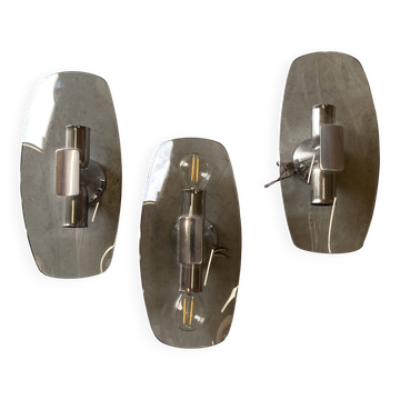 Trio d’appliques murales vintage en chrome et verre fumé