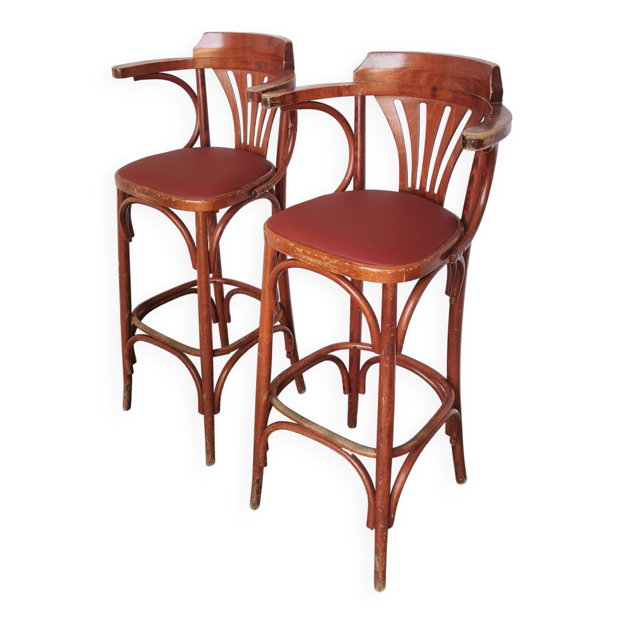 Set of 2 Vintage Bar Chairs: Red Leather Seat, High Pub Stools