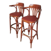 Set of 2 Vintage Bar Chairs: Red Leather Seat, High Pub Stools