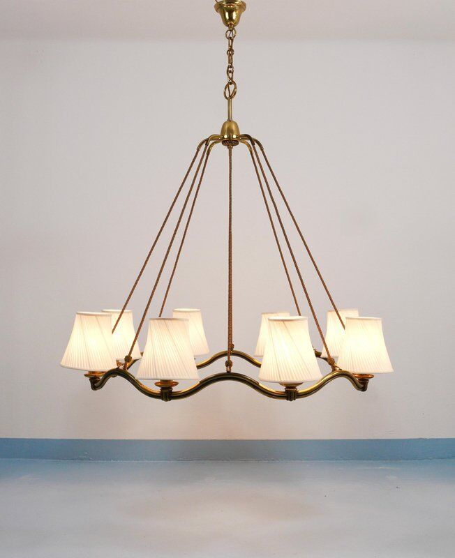 Large Viennese Modernism curved brass wave chandelier by Hugo Gorge, 1940s