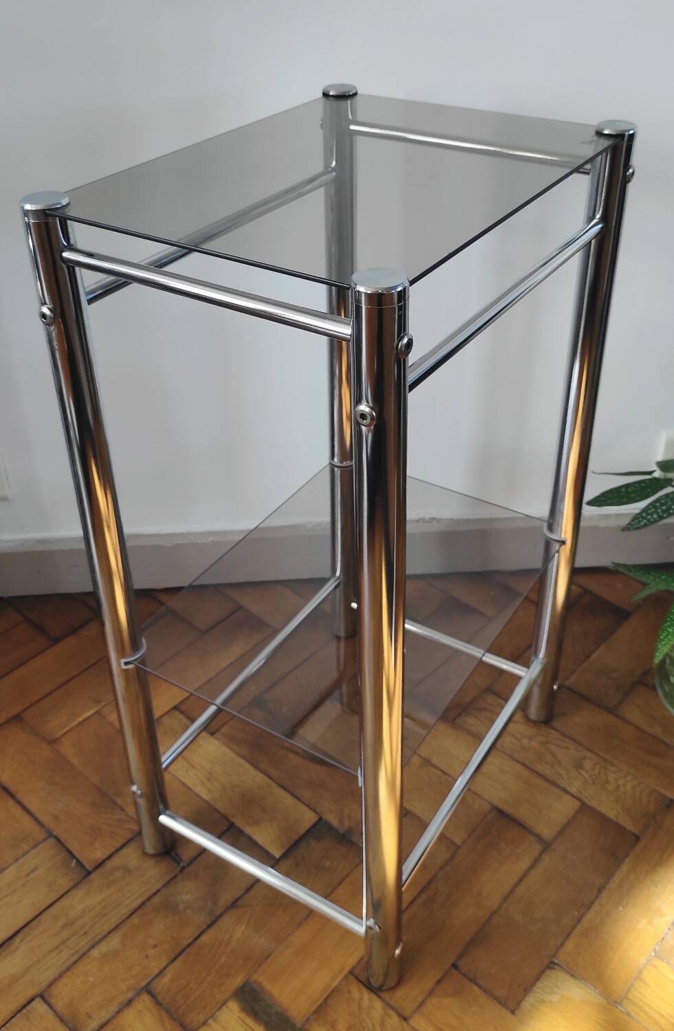 Sellette / Table d'appoint vintage Yves Boutboul - Métal chromé & verr