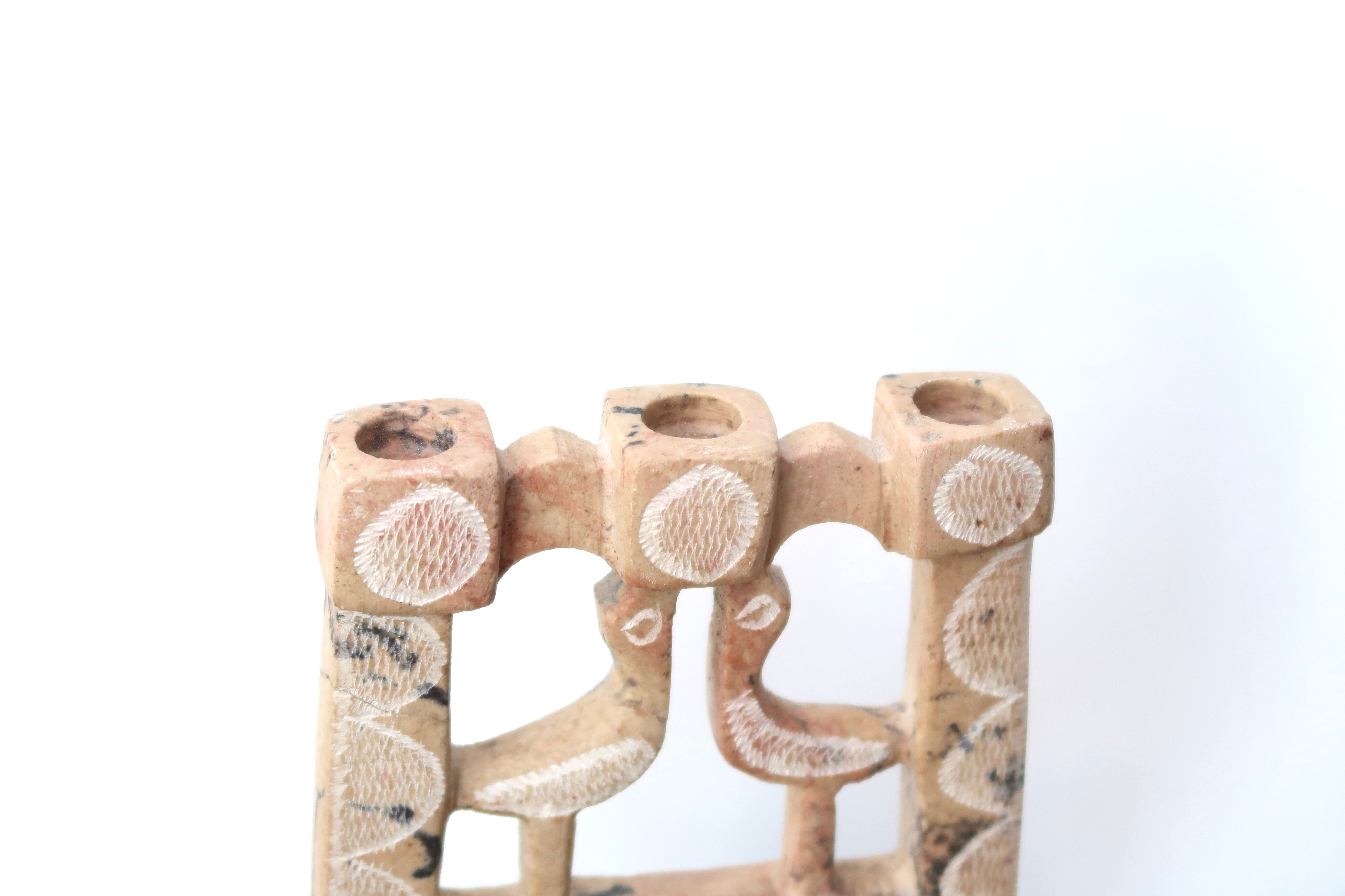 Moroccan candle holder in stone decorated with birds, 70s