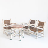 Set of vintage wooden and woven rope armchairs with a matching table. Spain, 1960s.