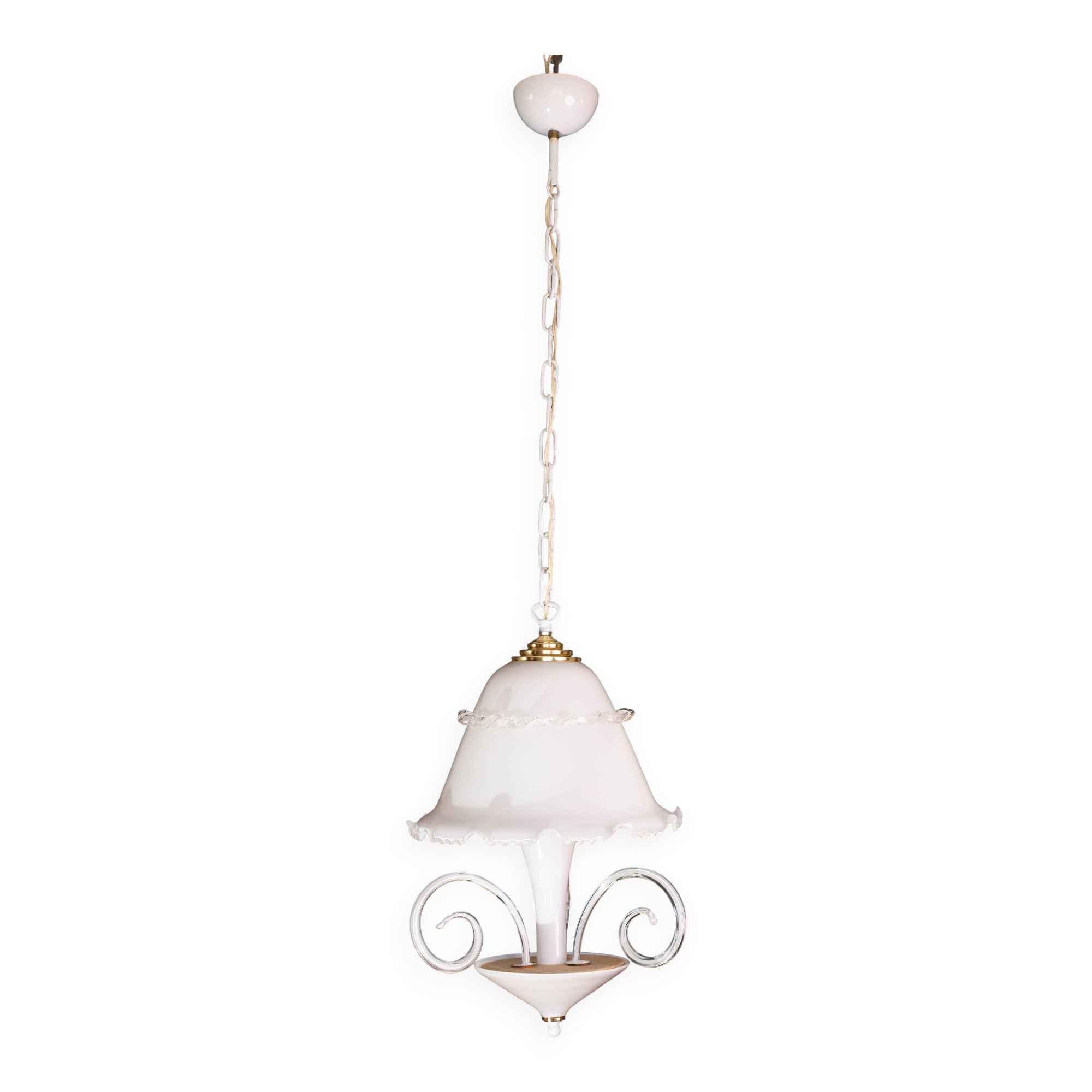 “Umbrella” Charming Murano Vintage White Chandelier in Murano Glass, 1980s