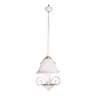 “Umbrella” Charming Murano Vintage White Chandelier in Murano Glass, 1980s