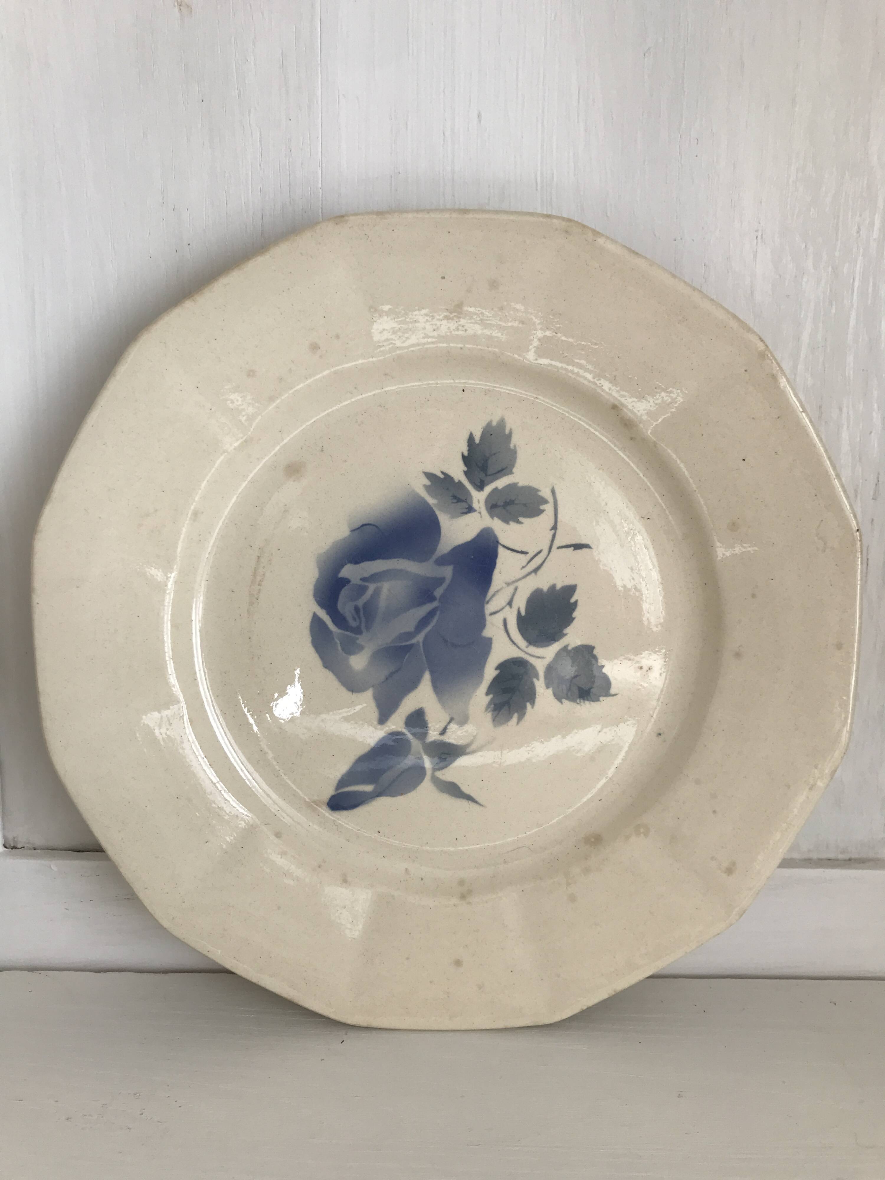Set of 11 Digoin flat plates, blue rose patterns