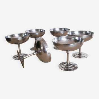 Ice cream cups on foot Létang Rémy, lot of 6, vintage, stainless steel, made in France (lot 10)