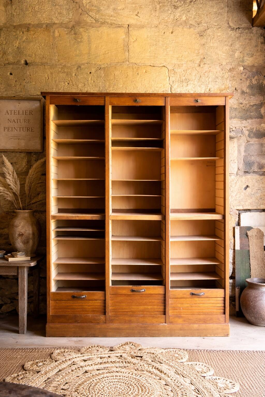 Oak workshop cabinet with curtains – antique triple column