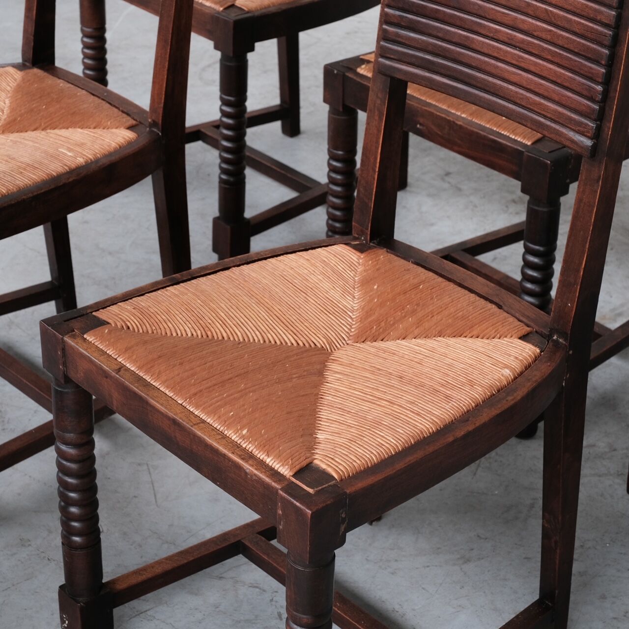 Set of six rush mid-century dining chairs