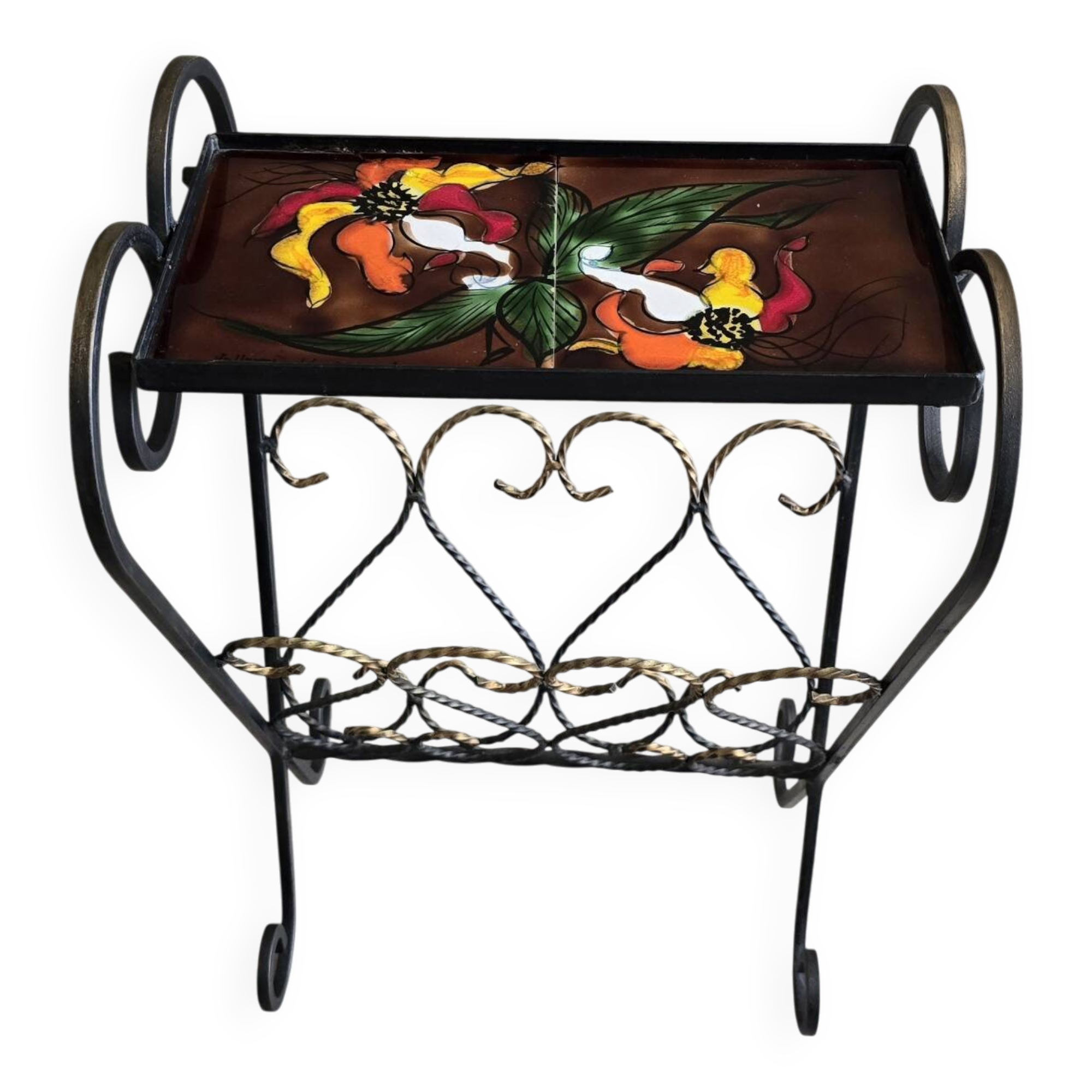 Vallauris magazine rack "la Grange", tiled and wrought iron