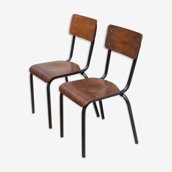 Pair of school chairs, school chair, wooden chair and tubular metal, industrial, vintage