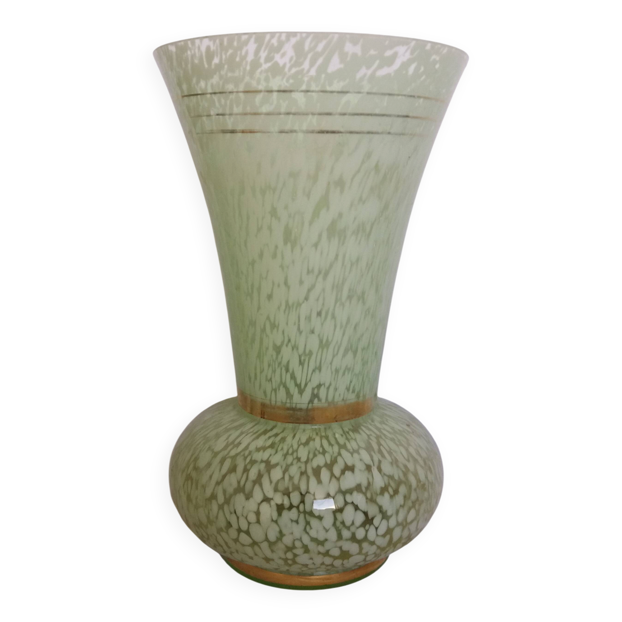 Green speckled glass vase from Clichy with gold threads.