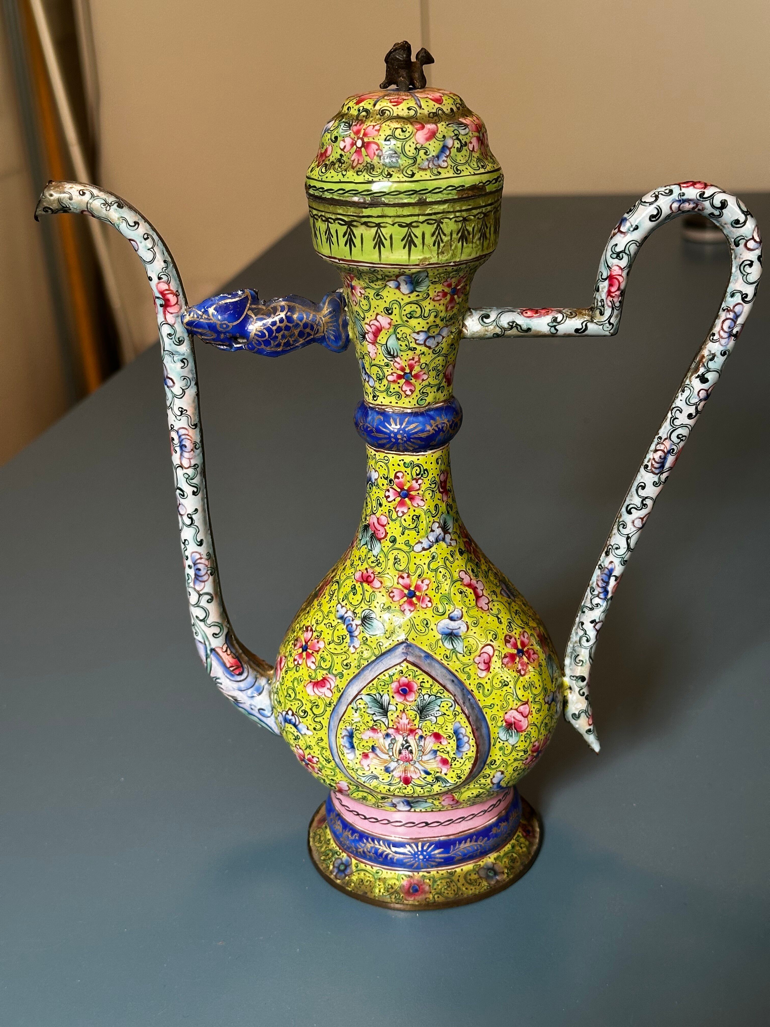 Chinese ewer in painted enamel on copper – floral decoration - Canton 18