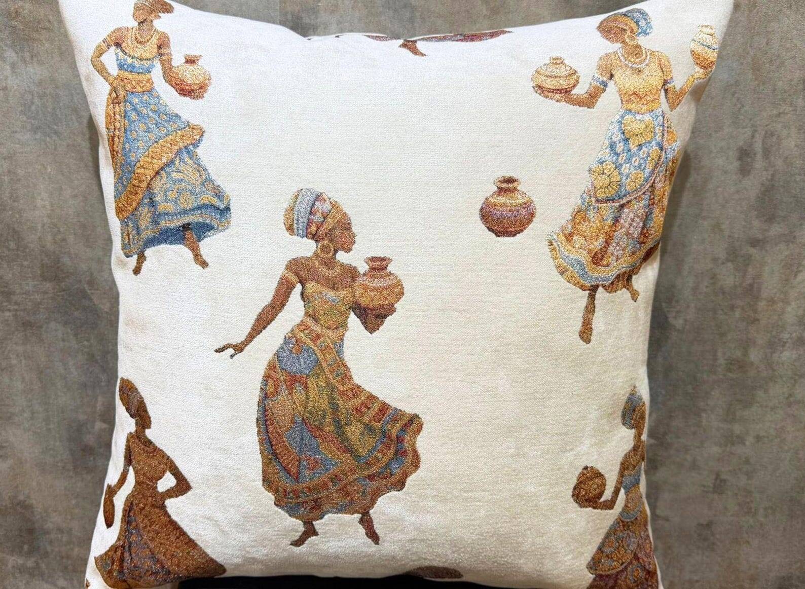 African Pottery Women Jacquard Cushion, Figural Woven Pillow Cover