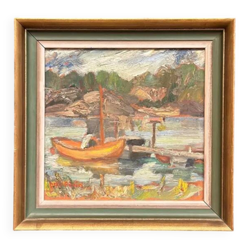 Huile sur panneau suédois - "Dock" par Dal-Edvin - Signé - Vintage et encadré - 31 × 30 cm (12,2 po × 11,8 po)