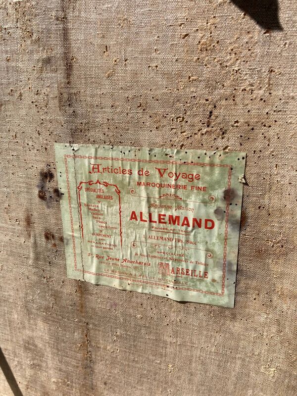 Ancienne malle de voyage, caisse de transport en bois et cuir 1900