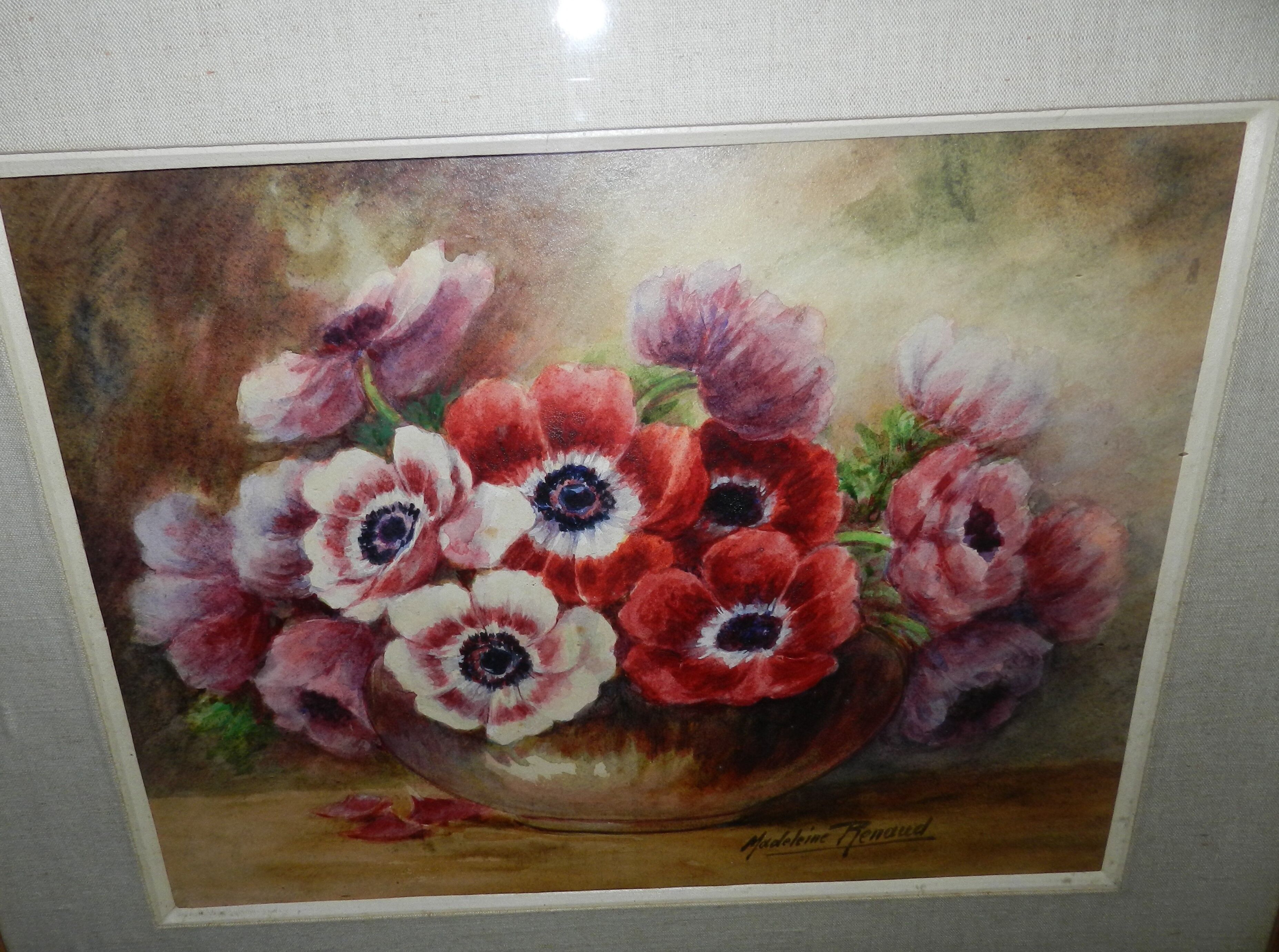 Watercolor painting framed under glass signed Madeleine Renaud