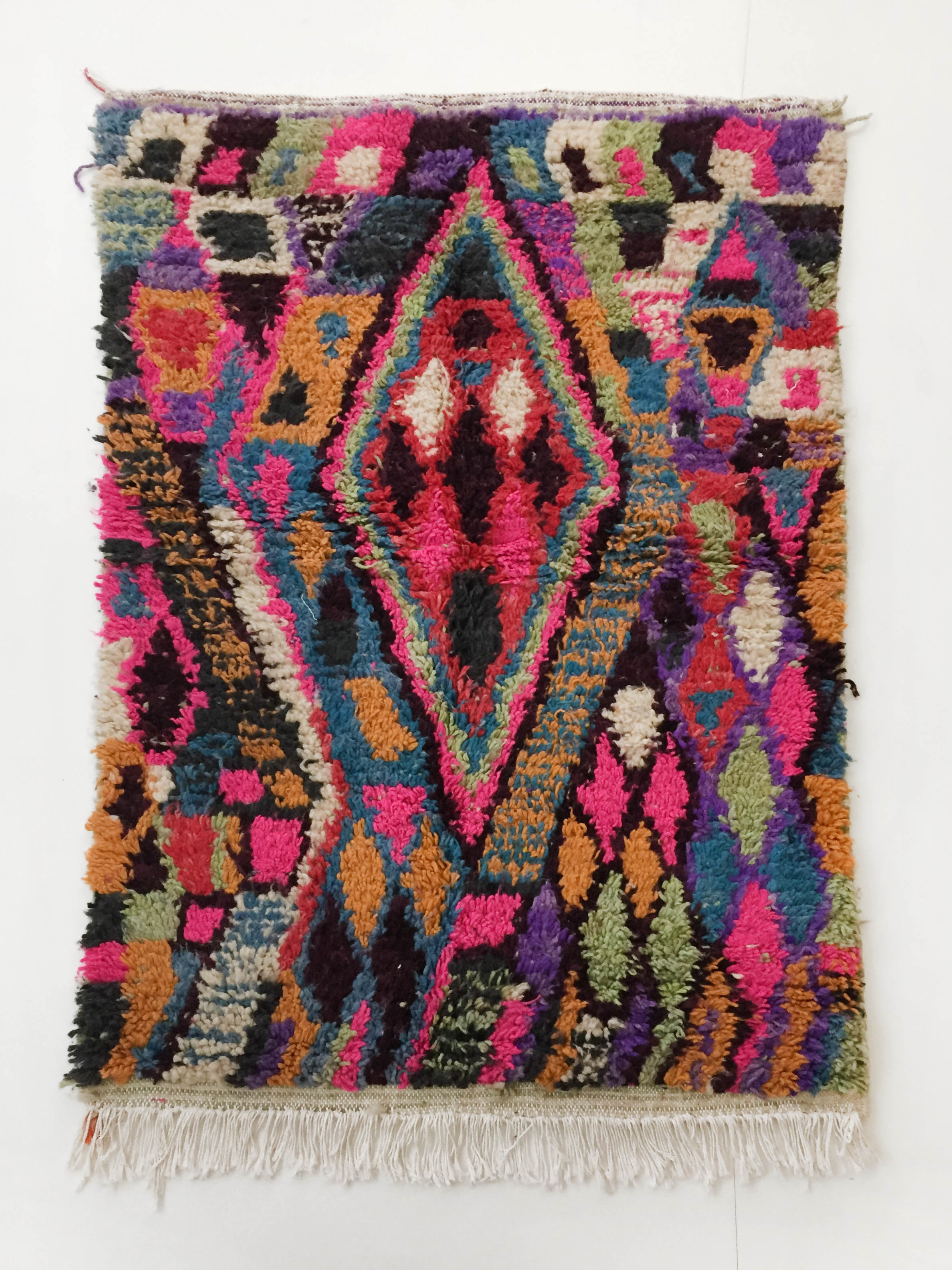 Moroccan Berber boujaad ecru carpet with colorful patterns 157x109cm