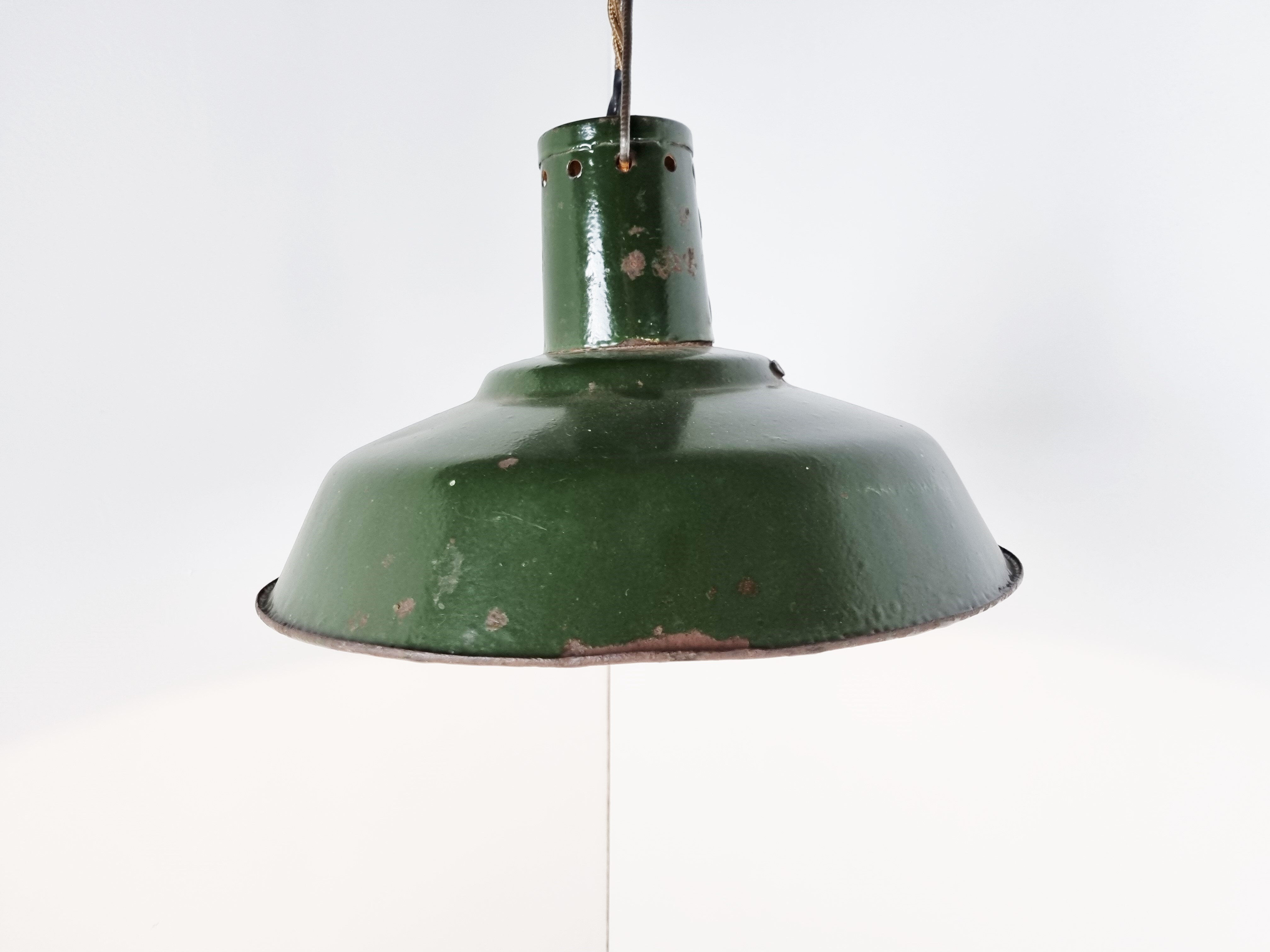 Vintage dark green enamel industrial pendant lights, 1960s