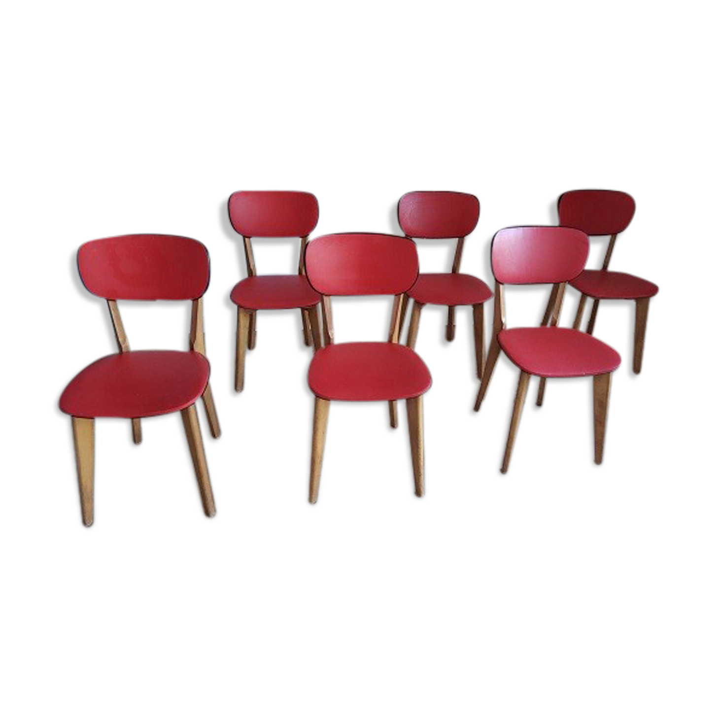 6 red and wood skai chairs