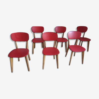 6 red and wood skai chairs