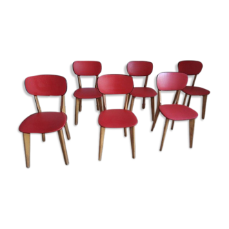 6 red and wood skai chairs