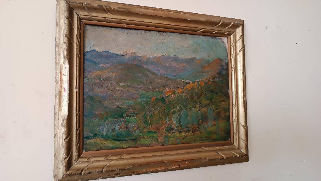 Peinture à l'huile de paysage impressionniste sur carton du début des années
