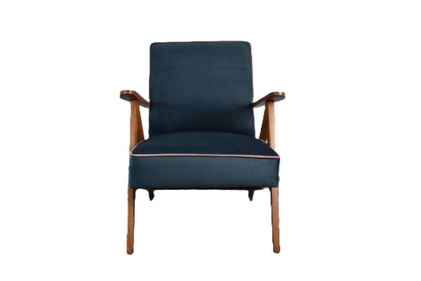 Chaise compas restaurée, tissu jaune canari, fil rose, teck, 1960