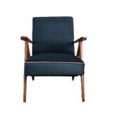 Chaise compas restaurée, tissu jaune canari, fil rose, teck, 1960