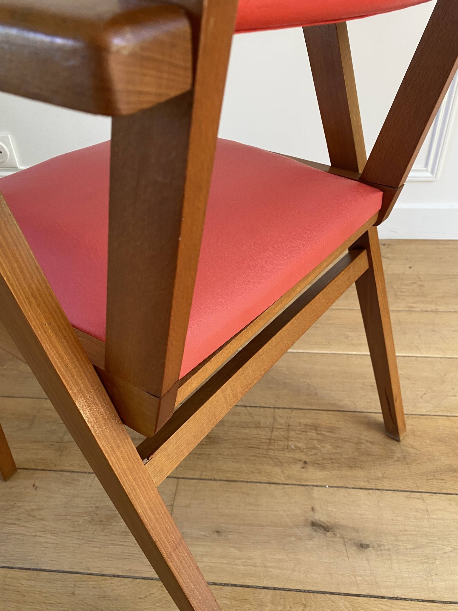 Vintage armchair from the 50s/60s – wood & red faux leather – Scandinavian style