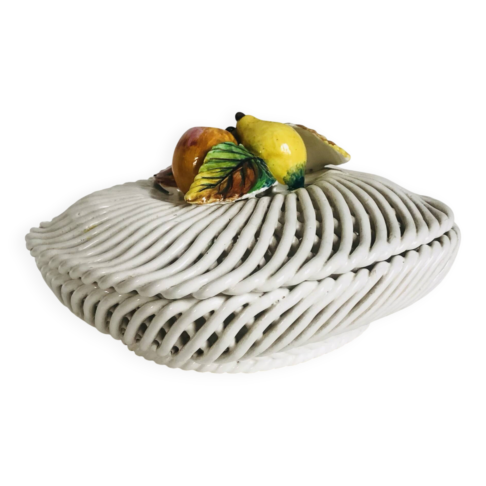 Covered basket in white woven ceramic and fruit slip.
