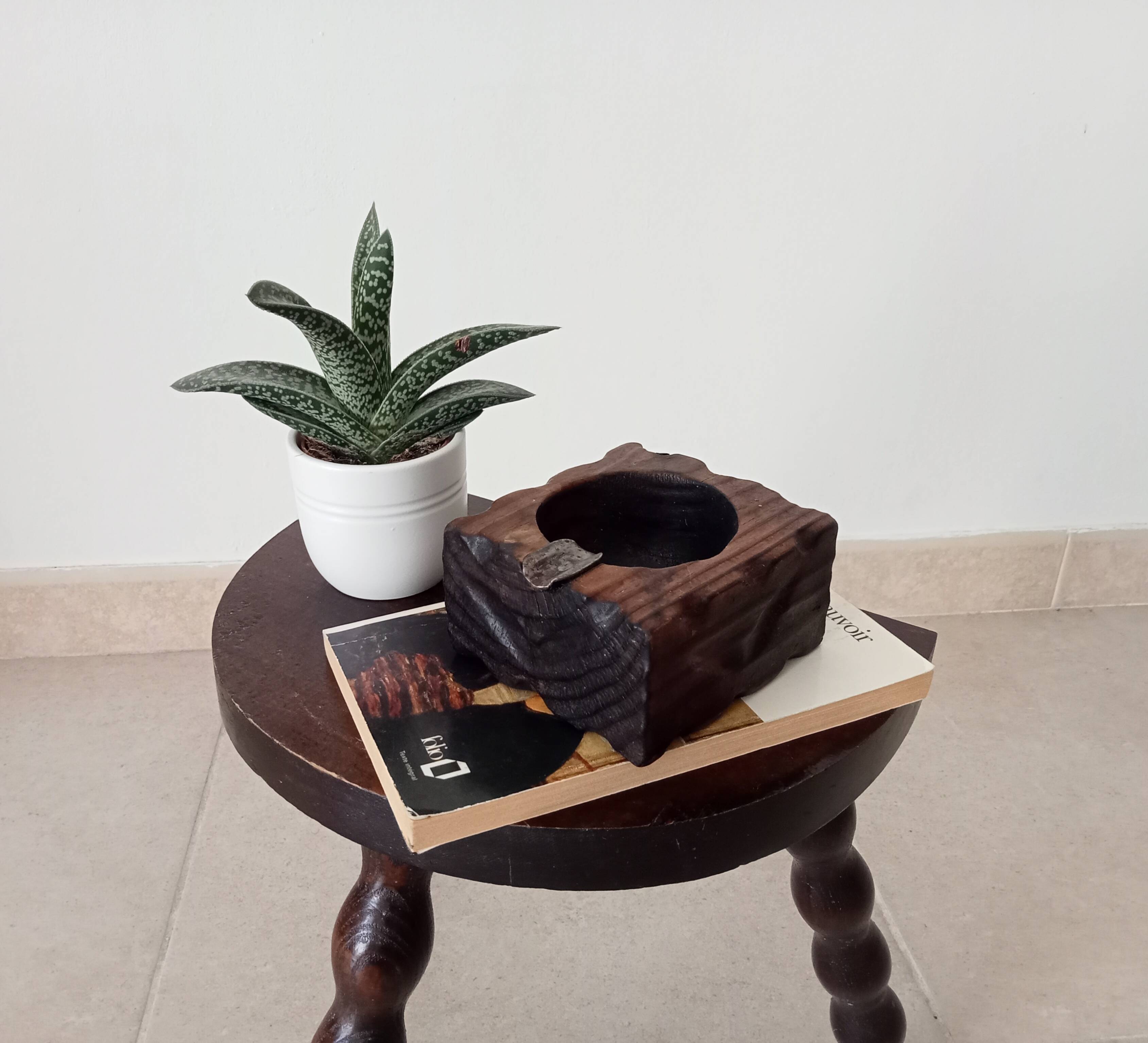 Vintage brutalist ashtray in carved wood
