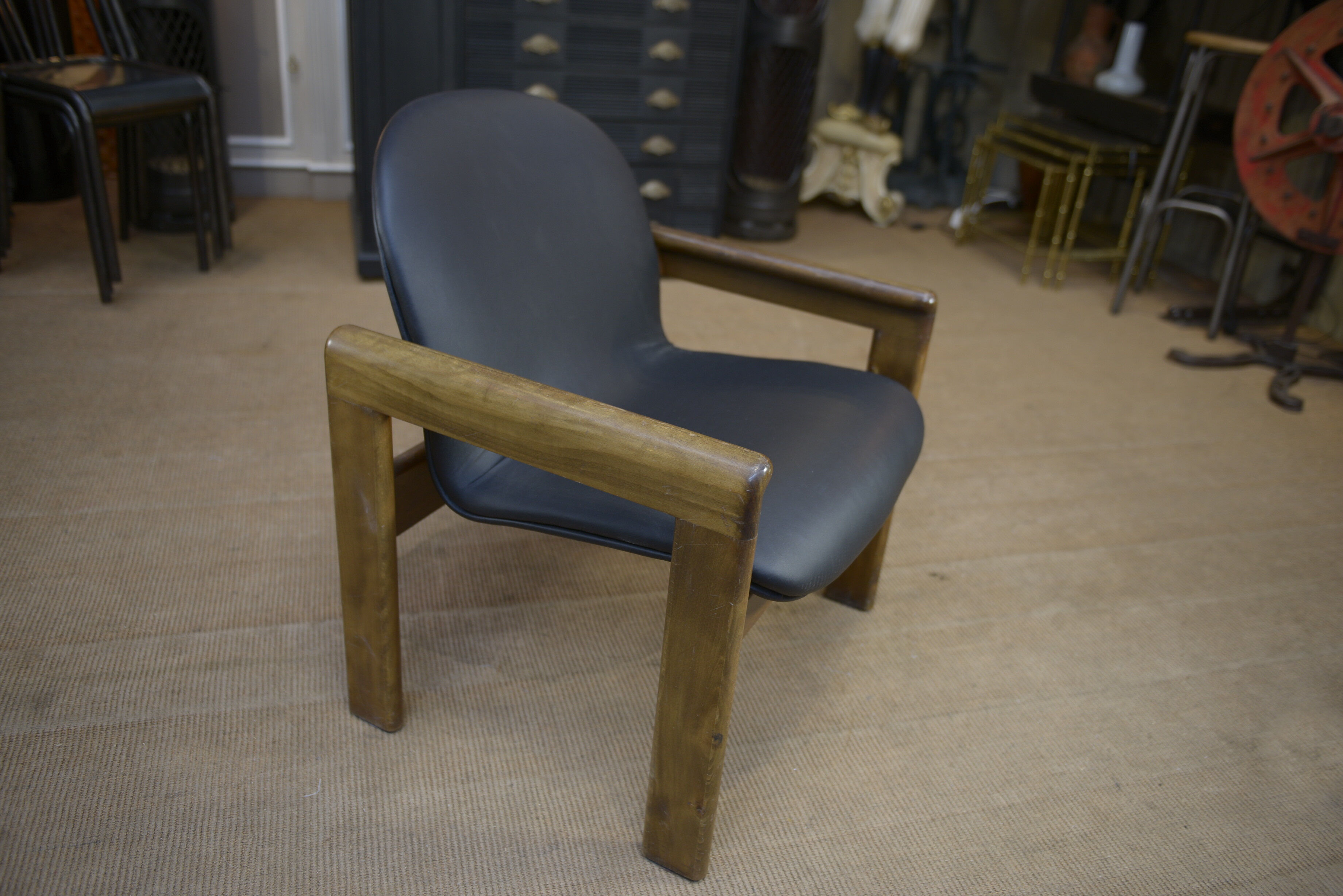 Leather and beech armchair Vintage 1970