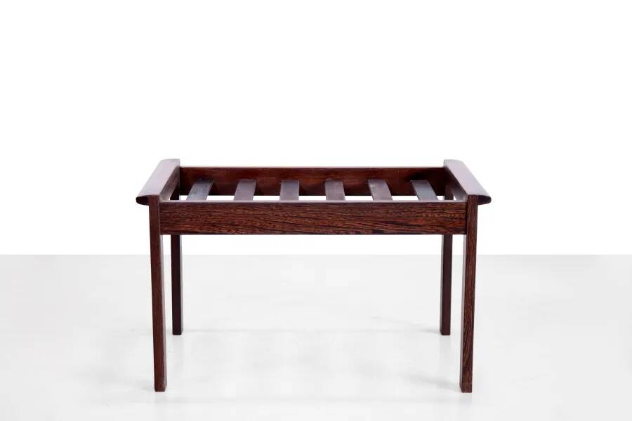 Footstool in solid wenge wood with black leather cushion, 1960