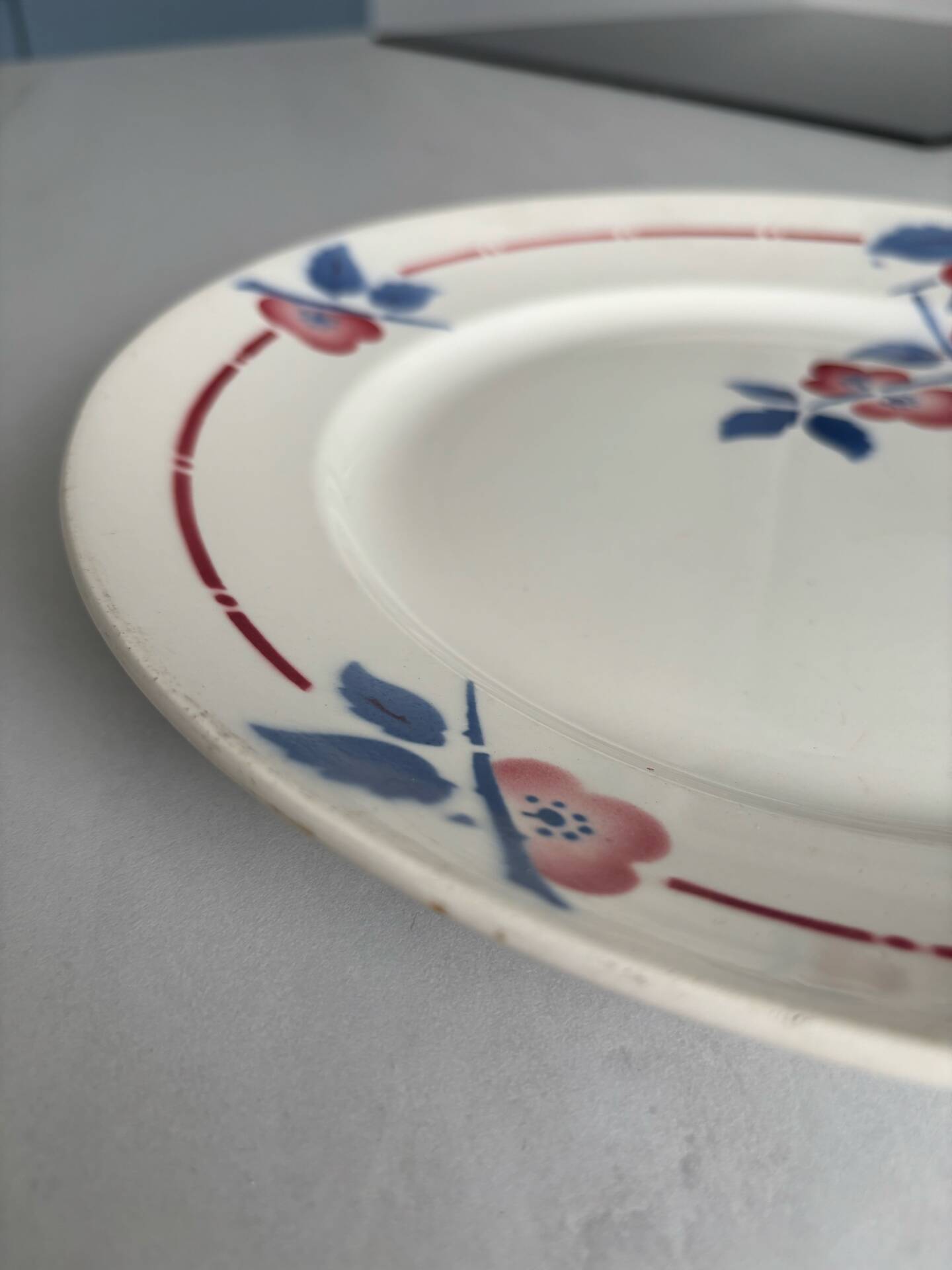 Round plate from the Céranord Saint-Amand service • Red and blue floral decoration