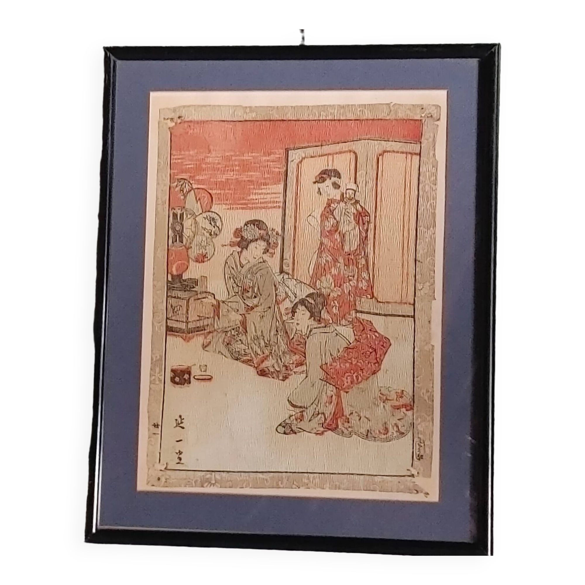 Estampe Japonaise sur papier crépon - Gravure de Nobukazu (1874-1944) qui signe 延一画