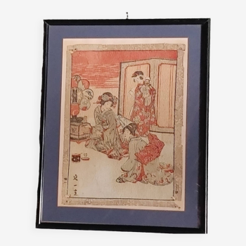 Estampe Japonaise sur papier crépon - Gravure de Nobukazu (1874-1944) qui signe 延一画